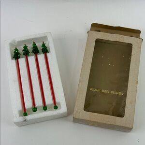 4 Vintage Christmas Tree Holiday Glass Stirrers Swizzle Sticks Green & Red
